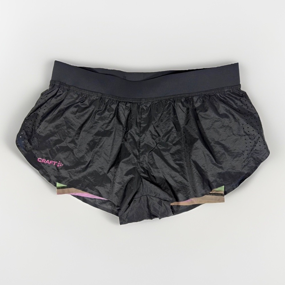 CRAFT Women's L Regular Running Shorts Black Abstract Lined Drawstring
